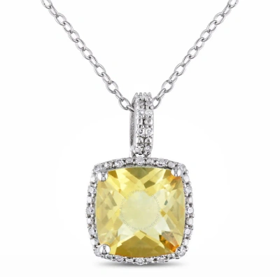 Amour 1/10 Ct Tw Diamond And 4 Ct Tgw Citrine Cushion Cut Halo Pendant With Chain In Sterling Silver In Gray