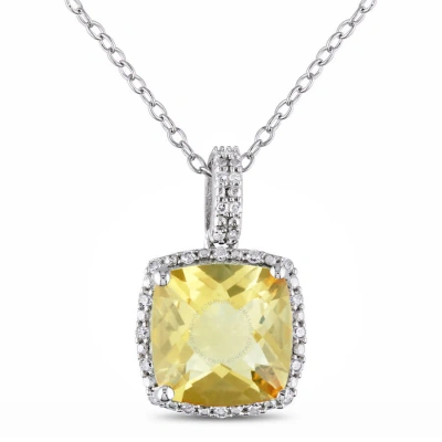 Amour 1/10 Ct Tw Diamond And 4 Ct Tgw Citrine Cushion Cut Halo Pendant With Chain In Sterling Silver In White