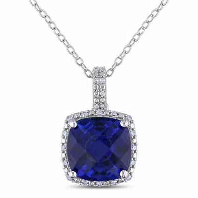Amour 1/10 Ct Tw Diamond And 5 3/4 Ct Tgw Created Blue Sapphire Square Pendant With Chain In Sterlin
