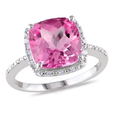 Amour 1/10 Ct Tw Diamond And 5 3/4 Ct Tgw Cushion Cut Created Pink Sapphire Halo Ring In Sterling Si