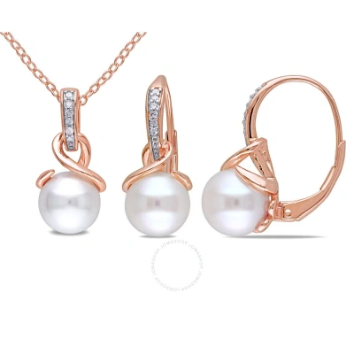 Amour 1/10 Ct Tw Diamond And 8 - 8.5 Mm Cultured Freshwater Pearl Swirl Leverback Earrings And Penda In Pink