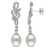 AMOUR AMOUR 1/10 CT TW DIAMOND AND 8.5 - 9 MM WHITE CULTURED FRESHWATER PEARL CURLICUE LEAF DROP EARRINGS 