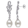 Amour 1/10 Ct Tw Diamond And 8.5 - 9 Mm White Cultured Freshwater Pearl Curlicue Leaf Drop Earrings In White