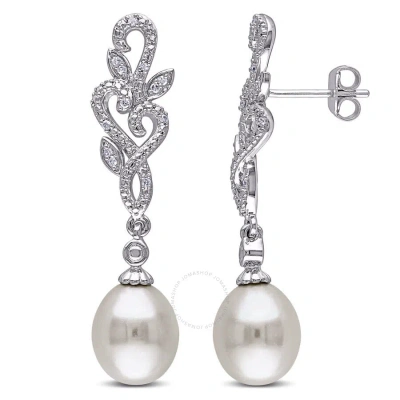 Amour 1/10 Ct Tw Diamond And 8.5 - 9 Mm White Cultured Freshwater Pearl Curlicue Leaf Drop Earrings