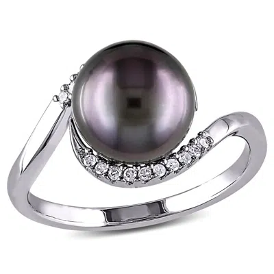 Amour 1/10 Ct Tw Diamond And 9 - 9.5 Mm Black Tahitian Pearl Curlicue Ring In Sterling Silver In ["white"]