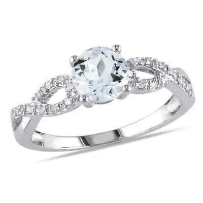 Pre-owned Amour 1/10 Ct Tw Diamond And Aquamarine Engagement Ring In 10k White Gold In Silver