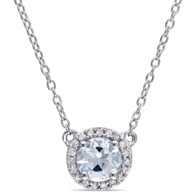 Amour 1/10 Ct Tw Diamond And Aquamarine Halo Necklace In Sterling Silver In Blue