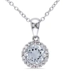 Amour 1/10 Ct Tw Diamond And Aquamarine Halo Pendant With Chain In Sterling Silver In White