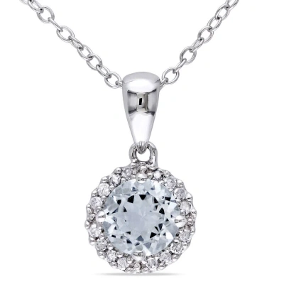 Amour 1/10 Ct Tw Diamond And Aquamarine Halo Pendant With Chain In Sterling Silver In Metallic
