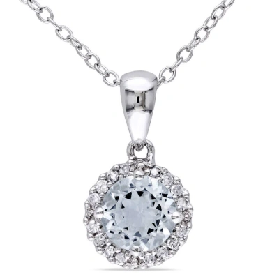 Amour 1/10 Ct Tw Diamond And Aquamarine Halo Pendant With Chain In Sterling Silver In White