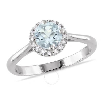 Amour 1/10 Ct Tw Diamond And Aquamarine Halo Ring In Sterling Silver In Metallic