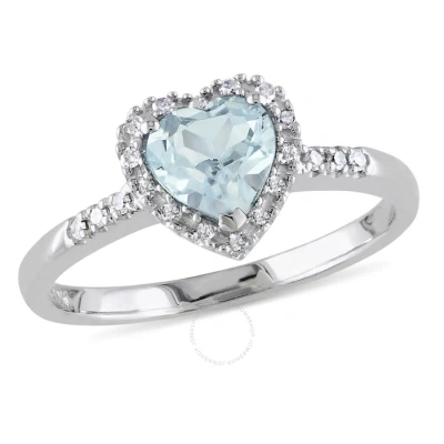Amour 1/10 Ct Tw Diamond And Aquamarine Heart Halo Ring In Sterling Silver In White