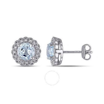 Amour 1/10 Ct Tw Diamond And Blue Topaz Halo Stud Earrings In Sterling Silver