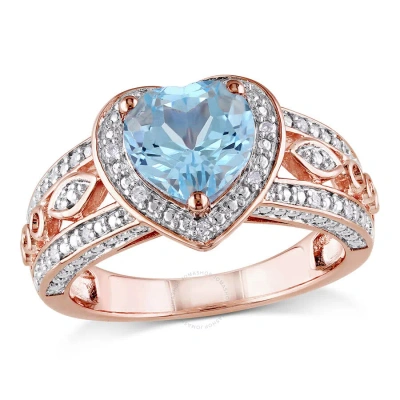 Amour 1/10 Ct Tw Diamond And Blue Topaz Vintage Heart Ring In Rose Plated Sterling Silver In Pink