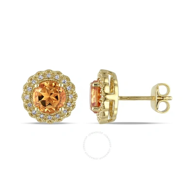 Amour 1/10 Ct Tw Diamond And Citrine Halo Stud Earrings In Yellow Plated Sterling Silver