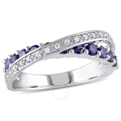 Amour 1/10 Ct Tw Diamond And Created Blue Sapphire Crossover Ring In Sterling Silver In Blue / Pink / Silver / White