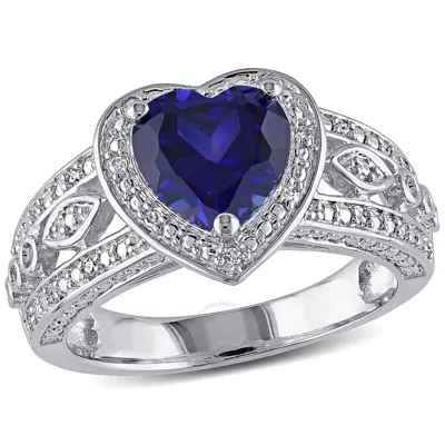 Amour 1/10 Ct Tw Diamond And Created Blue Sapphire Vintage Heart Ring In Sterling Silver In Metallic