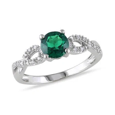 Pre-owned Amour 1/10 Ct Tw Diamond And Created Emerald Engagement Ring In 10k White Gold In Check Description
