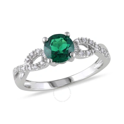 Amour 1/10 Ct Tw Diamond And Created Emerald Engagement Ring In 10k White Gold In Emerald / Gold / White