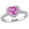 Amour 1/10 Ct Tw Diamond And Created Pink Sapphire Heart Halo Ring In Sterling Silver In White