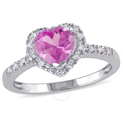 Amour 1/10 Ct Tw Diamond And Created Pink Sapphire Heart Halo Ring In Sterling Silver In Metallic