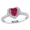 AMOUR AMOUR 1/10 CT TW DIAMOND AND CREATED RUBY HEART HALO RING IN STERLING SILVER