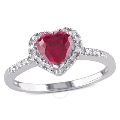 Amour 1/10 Ct Tw Diamond And Created Ruby Heart Halo Ring In Sterling Silver In Metallic
