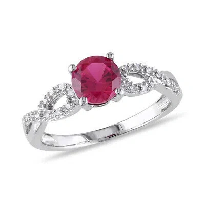 Pre-owned Amour 1/10 Ct Tw Diamond And Created Ruby Infinity Engagement Ring In 10k White