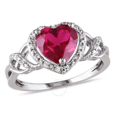 Amour 1/10 Ct Tw Diamond And Created Ruby Open Heart Crossover Ring In Sterling Silver In Metallic