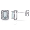 AMOUR AMOUR 1/10 CT TW DIAMOND AND EMERALD CUT AQUAMARINE HALO EARRINGS IN STERLING SILVER