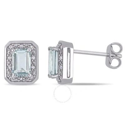 Amour 1/10 Ct Tw Diamond And Emerald Cut Aquamarine Halo Earrings In Sterling Silver In Metallic