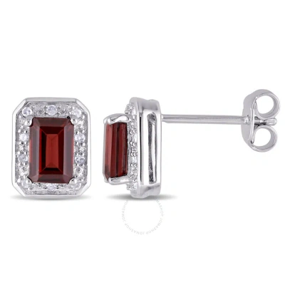 Amour 1/10 Ct Tw Diamond And Garnet Halo Stud Earrings In Sterling Silver In White