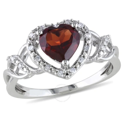 Amour 1/10 Ct Tw Diamond And Garnet Open Heart Crossover Ring In Sterling Silver In Metallic