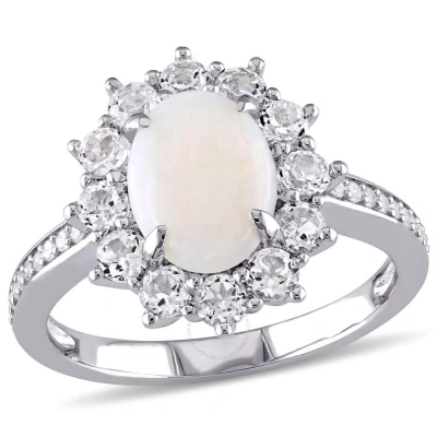 Amour 1/10 Ct Tw Diamond And Oval Cut Opal And White Topaz Halo Ring In Sterling Silver In Metallic