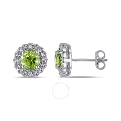 Amour 1/10 Ct Tw Diamond And Peridot Halo Stud Earrings In Sterling Silver In Metallic