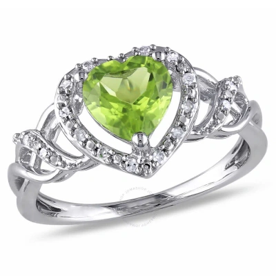 Amour 1/10 Ct Tw Diamond And Peridot Open Heart Crossover Ring In Sterling Silver In Metallic
