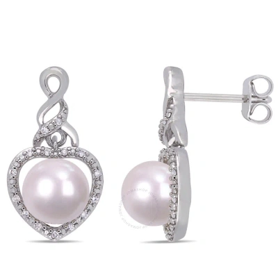 Amour 1/10 Ct Tw Diamond And White Cultured Freshwater Pearl Open Heart Drop Earrings In Sterling Si