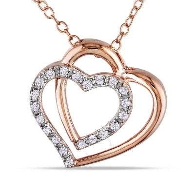 Amour 1/10 Ct Tw Diamond Double Heart Pendant With Chain In Pink Plated Sterling Silver In Gold