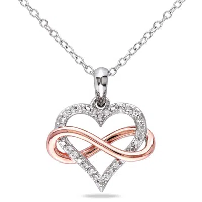 Amour 1/10 Ct Tw Diamond Infinity Heart Pendant With Chain In 2-tone Pink And White Sterling Silver In Pink / Silver / Spring / White