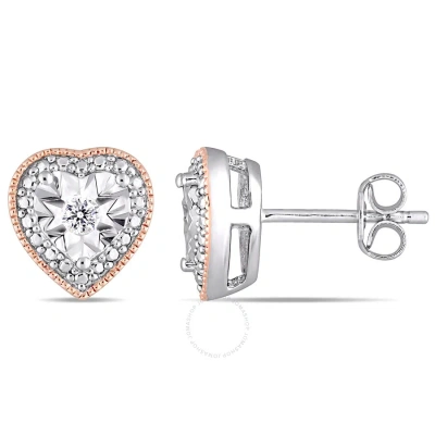 Amour 1/10 Ct Tw Diamond Milgrain Filigree Heart Shaped Stud Earrings In 2 Tone White And Rose Plate In Gold