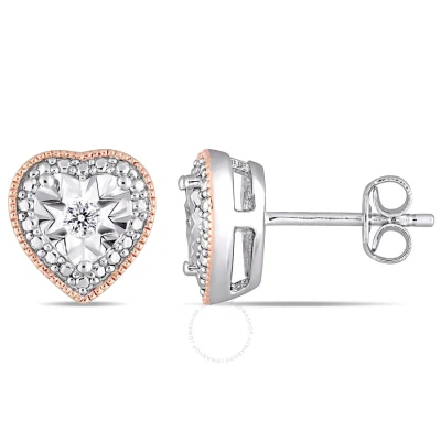 Amour 1/10 Ct Tw Diamond Milgrain Filigree Heart Shaped Stud Earrings In 2 Tone White And Rose Plate