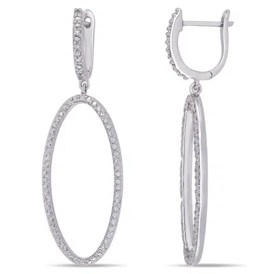 Amour 1/10 Ct Tw Diamond Oval Drop Earrings In Sterling Silver In Silver / White