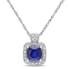 Amour 1/10 Ct Tw Halo Diamond And Cushion Cut Diffused Sapphire Pendant With Chain In 10k White Gold In White