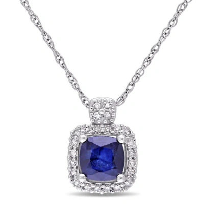 Amour 1/10 Ct Tw Halo Diamond And Cushion Cut Diffused Sapphire Pendant With Chain In 10k White Gold