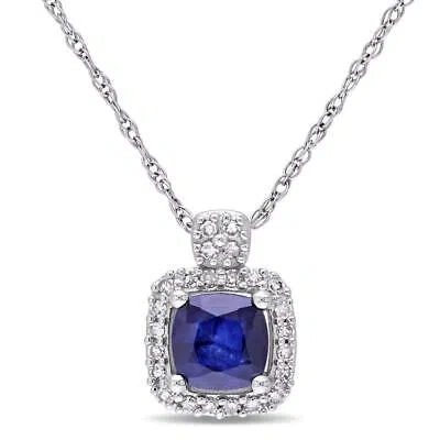 Pre-owned Amour 1/10 Ct Tw Halo Diamond And Cushion Cut Diffused Sapphire Pendant With In White