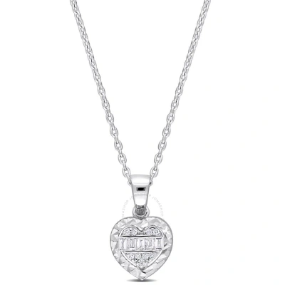 Amour 1/10ct Tdw Parallel Baguette And Round-shaped Diamonds Heart Halo Necklace In 14k White Gold - In Metallic