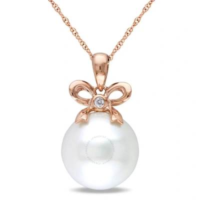 Amour 12 - 12.5 Mm Cultured Freshwater Pearl And Diamond Bow Drop Necklace In 10k Rose Gold In Pink