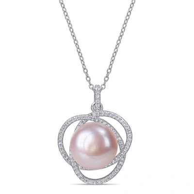 Amour 12 - 12.5 Mm Pink Cultured Freshwater Pearl And 1 Ct Tgw Cubic Zirconia Interlaced Halo Neckla In Metallic