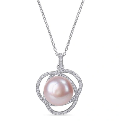 Amour 12 - 12.5 Mm Pink Cultured Freshwater Pearl And 1 Ct Tgw Cubic Zirconia Interlaced Halo Neckla In White