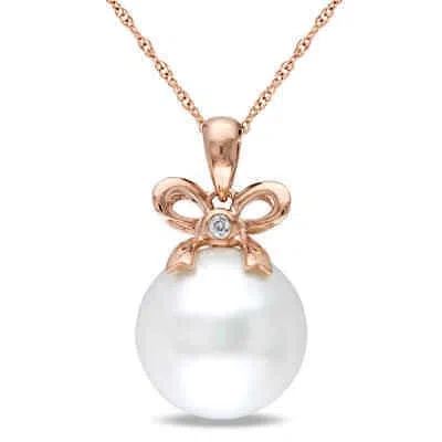 Pre-owned Amour 12 - 12.5 Mm Cultured Freshwater Pearl And Diamond Bow Drop Necklace In In Pink